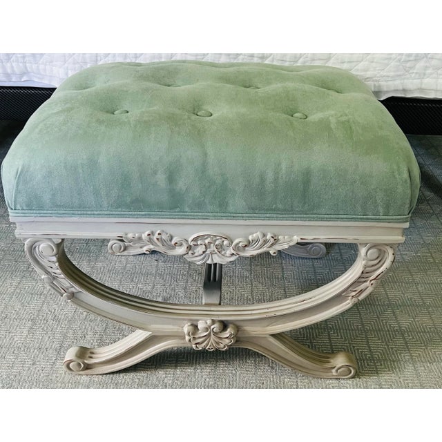 Campaign Frontgate Neo Classical Painted Shabby White Bench Stool For Sale - Image 3 of 10