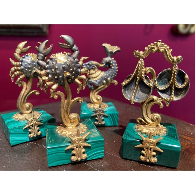Metal Vintage Italian Gilt 800 Silver Zodiac Place Card Holders with Malachite Bases, 1950s, Set of 4 For Sale - Image 7 of 10