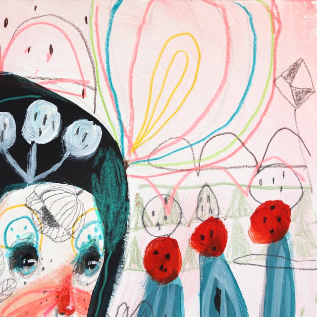 Figurative Blue Flowers and Colored Threads - Whimsical Fantasy Figurative Art on Paper Original Artwork by Silvia Pavarini For Sale - Image 3 of 7