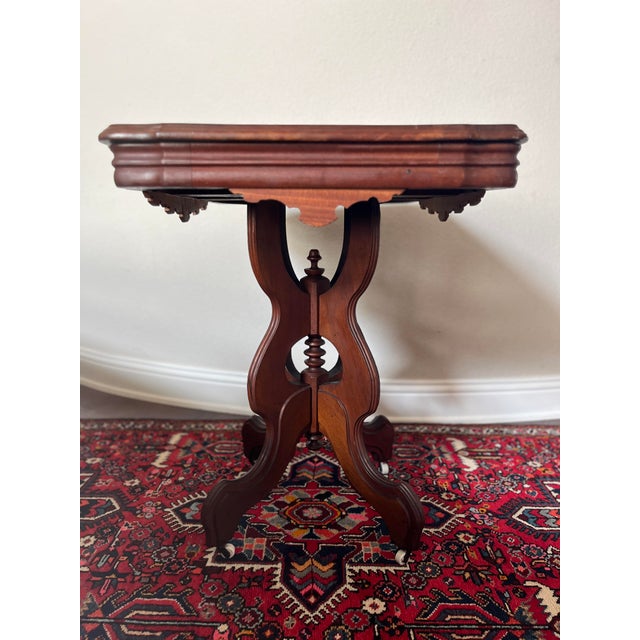 Wood Antique Victorian Eastlake Style Carved Walnut Parlor Table, Lamp Table, Hall Table on Casters For Sale - Image 7 of 12
