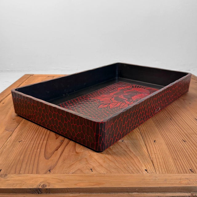 Black Japanese Wooden Tray with Floral Motif, 1960s For Sale - Image 8 of 11