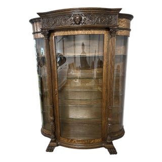 Antique Victorian Carved Oak Curio Cabinet – Serpentine Glass & Woman’s Bust Detail For Sale
