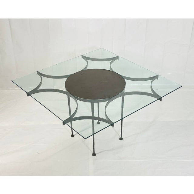 Vintage Brutalist Dining Table With Glass Top and Sculptural Textured Metal Base For Sale - Image 4 of 18