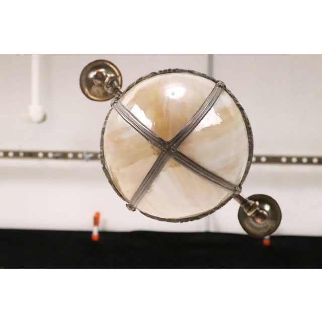 Restored 1890s Stained Glass Converted Gas Brass Pendant Light For Sale - Image 9 of 11