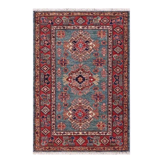 Southwestern Super Kazak Green/Red Wool Rug - 3'0'' X 4'0'' For Sale