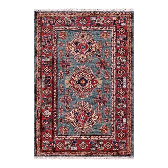 Southwestern Super Kazak Green/Red Wool Rug - 3'0'' X 4'0'' For Sale