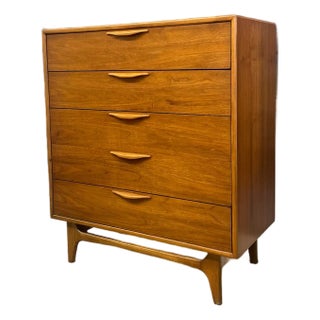 1960s Lane Altavista Mid-Century Modern Possibly Walnut Highboy Dresser With Sculpted Pulls and Dovetail Drawers For Sale