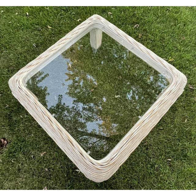 1970s Midcentury Coastal or Boho Modern Woven Rattan & Glass Square Coffee Table For Sale - Image 4 of 13