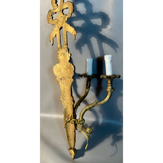 Metal Pair of Gilt Brass Wall Sconces 3 Arm Electric Light French Neo Classical Style For Sale - Image 7 of 8