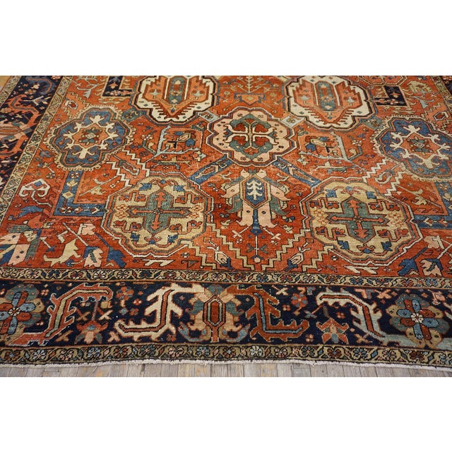 Tribal 1880s Red Geometric Rustic Nw. Persian Heriz Rug 10'4" X 12'7" Handknotted Wool Carpet For Sale - Image 3 of 7