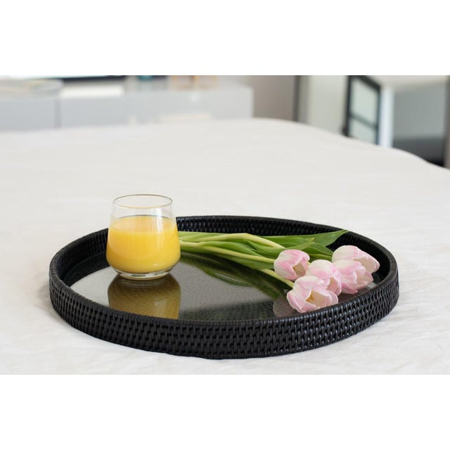 Boho Chic Artifacts Rattan Round Serving / Ottoman Tray in Tudor Black - 16" For Sale - Image 3 of 8