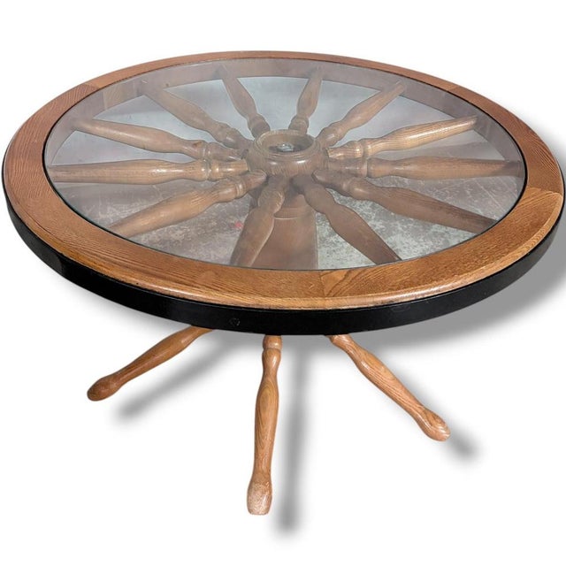 Vintage Ship Wheel Table in Elm and Oak with Glass Top For Sale - Image 5 of 9