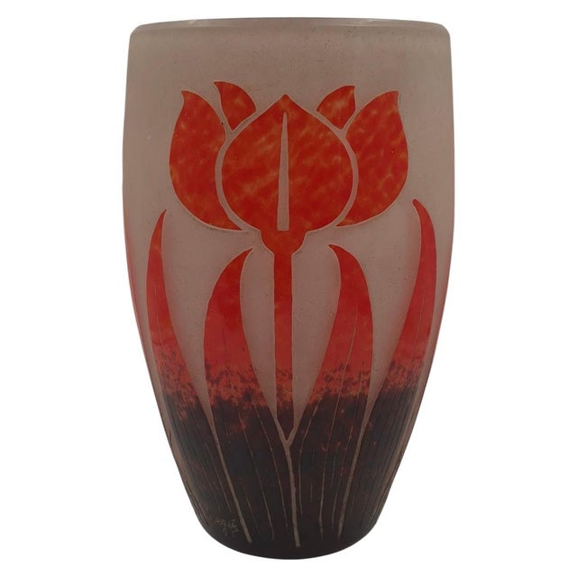 Glass 1920s Art Deco Degué French Acid-Etched Cameo Glass Floral Vase - 9.5" For Sale - Image 7 of 9