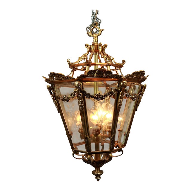 1970 French Louis XVI Gold Bronze Glass Lantern Chandelier For Sale