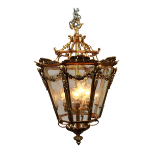 1970 French Louis XVI Gold Bronze Glass Lantern Chandelier