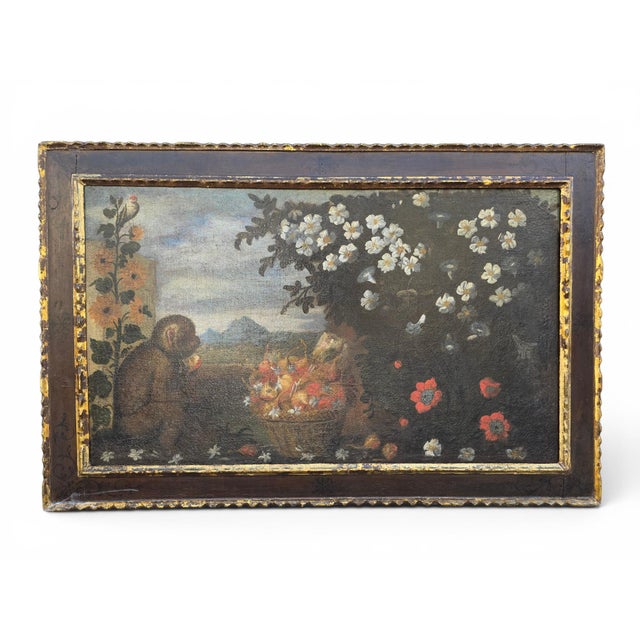 A highly decorative 18th-century oil painting from the Mallorcan School, depicting a monkey in an expressive and charming...