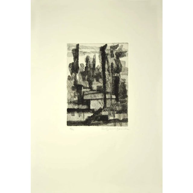 Trees is an original black and white etching realized by Lino Bianchi Barrivera in 1964. Hand signed on the right margin....