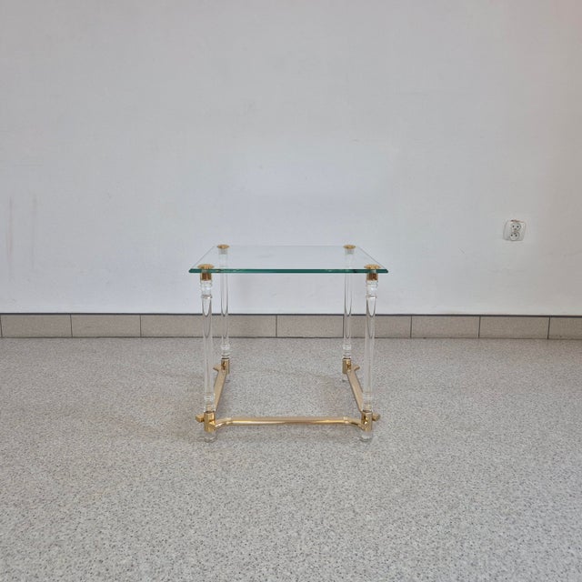 Hollywood Regency French Side Table in Acrylic, Brass and Glass, 1970s For Sale - Image 4 of 10