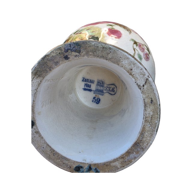 Cream Antique Collectible Zsolnay Pécs Hungary Art Pottery Floral Vase – 14” Tall For Sale - Image 8 of 10