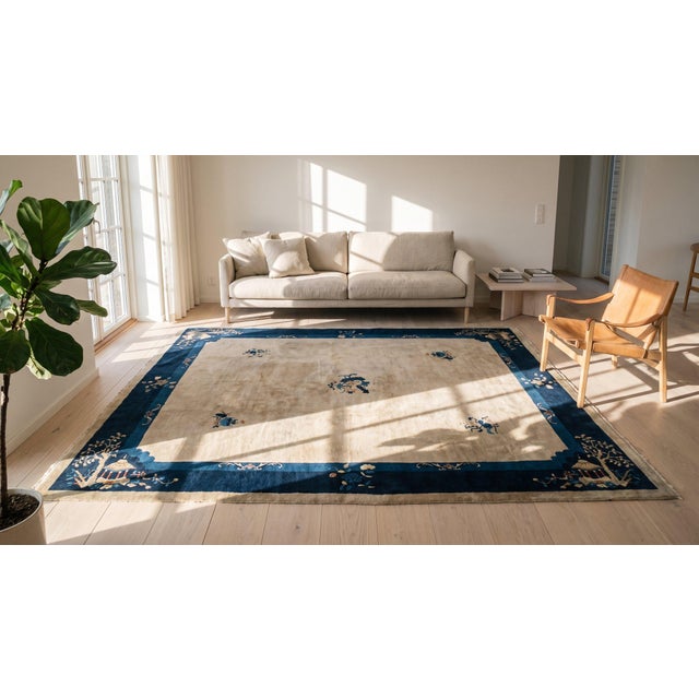 Textile 1930s Beige Floral Antique Chinese Peking Rug 8'0"x 9'8" Handknotted Wool Carpet For Sale - Image 7 of 7