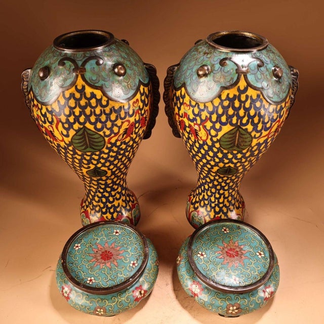 Monumental Pair of Chinese Cloisonné Enamel "Fish" Vases With Stands - 48cm, 9.6kg For Sale In Los Angeles - Image 6 of 8