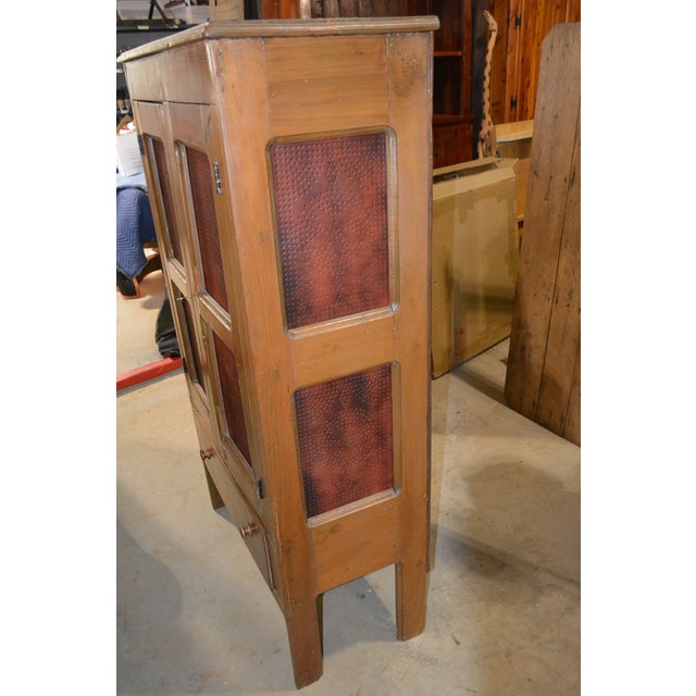 Vintage Wood & Brick Red Punched Tin Pie Safe Cabinet W/ Shelves & Lower Drawer For Sale - Image 6 of 18