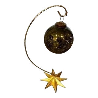 Vintage German Large Glass Hanging Ball Ornament on Gold Star Stand For Sale