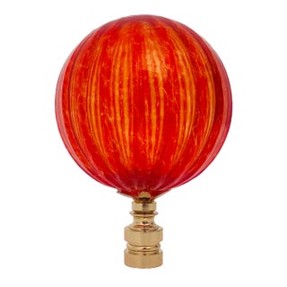 Ribbed Optic Glass Lamp Finial in Fiery Red on Gold Hardware For Sale