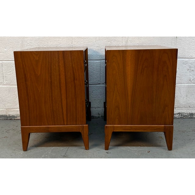 Wood Mid-Century Modern Three Drawer Walnut Nightstands, A Pair For Sale - Image 7 of 14