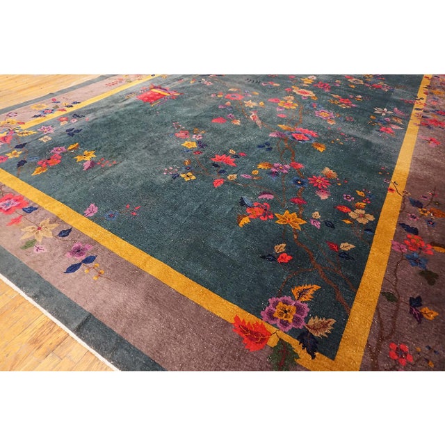 Art Deco A Wonderful Green Background Color Antique Handmade Wool Chinese Rug by Nichols Workshop For Sale - Image 3 of 9