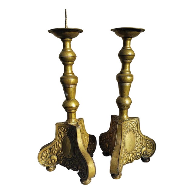 Art Nouveau Brass Candleholders, 1890s, Set of 2 For Sale
