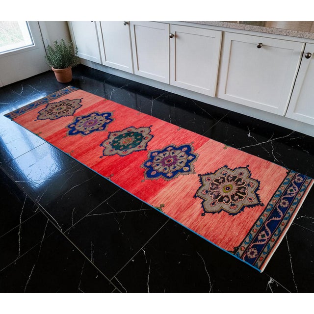1970s Distressed Oushak Runner Rug Low Pile Faded Colors Majestic Hallway Decor - 3'2″ X 11'1″ For Sale - Image 5 of 15
