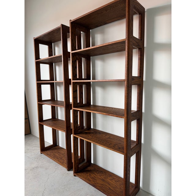 1970s Mid-Century Lou Hodges Style Solid Oak Six-Tier Bookcases – A Pair For Sale - Image 4 of 15