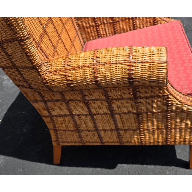 English Late 20th Century Pair of Palecek Woven Rattan Wingback Lounge Chairs With Rolled Arms For Sale - Image 3 of 15