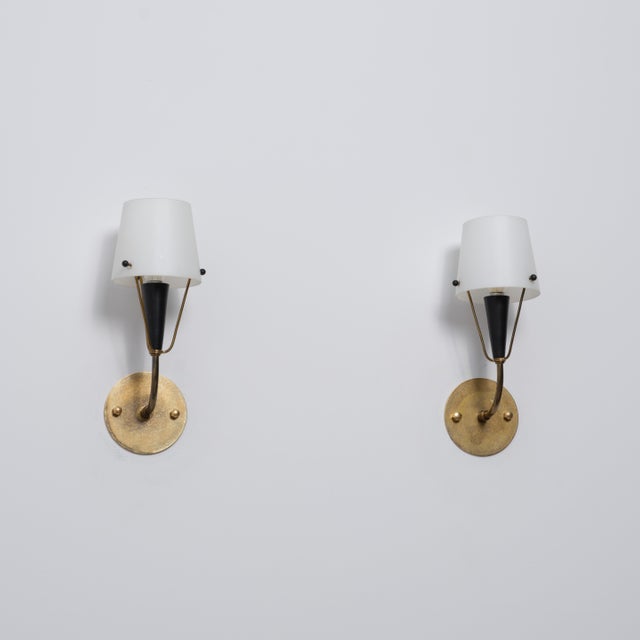 Black Italian Brass, Black Metal and Opaline Glass Wall Sconces, 1950s, Set of 2 For Sale - Image 8 of 11