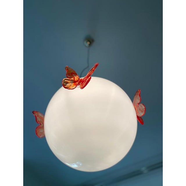 Contemporary Glass Opalino Pendant with Red Butterfly by Simoeng For Sale - Image 3 of 9