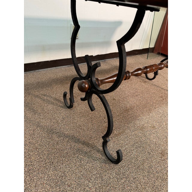 Brown Mid 20th Century Table With Wrought Iron Base For Sale - Image 8 of 11