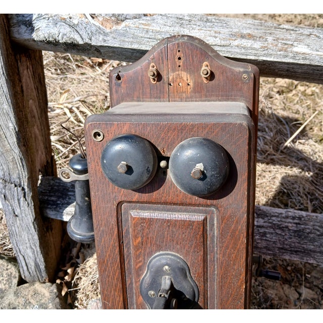 Antique Kellogg Quarter Sawn Oak Wall Telephone Hand Crank Chicago Il 1901 For Sale - Image 4 of 12