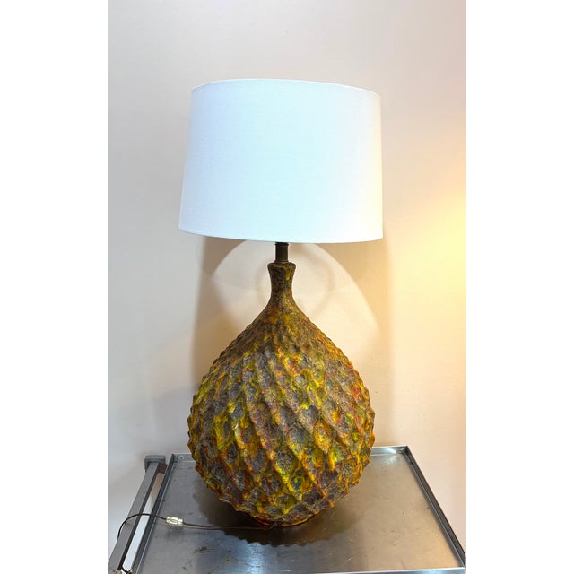 Mid-Century Modern Monumental Midcentury Orange Splatter Giant Honeycomb Pottery Lamp For Sale - Image 3 of 5