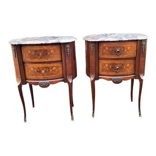 Early 20th Century Marble Top Inlaid Italian Marquetry 2 Drawer Nightstands - a Pair For Sale