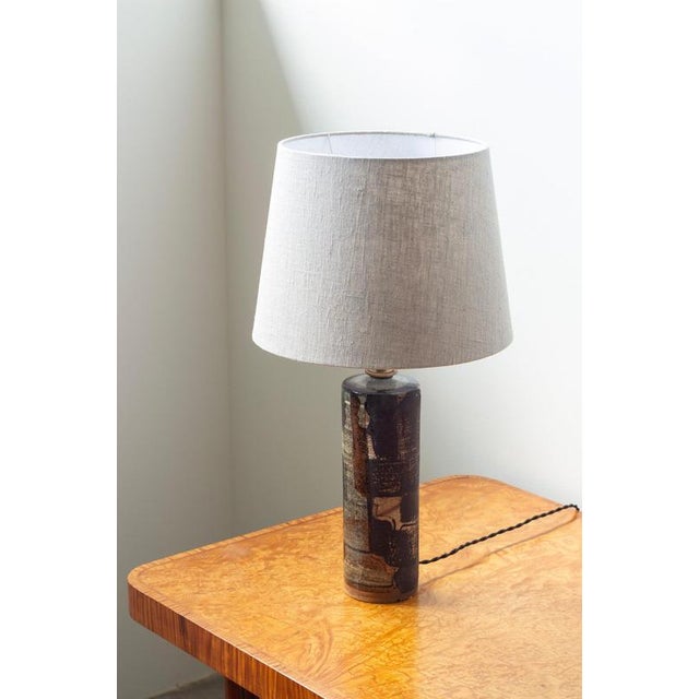 Unique stoneware table lamp by carl-harry stålhane. Hand made at rörstrand, sweden in 1953. Glazed rustique stoneware with...