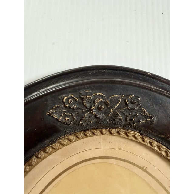 Victorian Antique Oval Deep Dark Wood Picture Frame Gold Floral Detail With Photo of a Girl 12x14” For Sale - Image 3 of 13