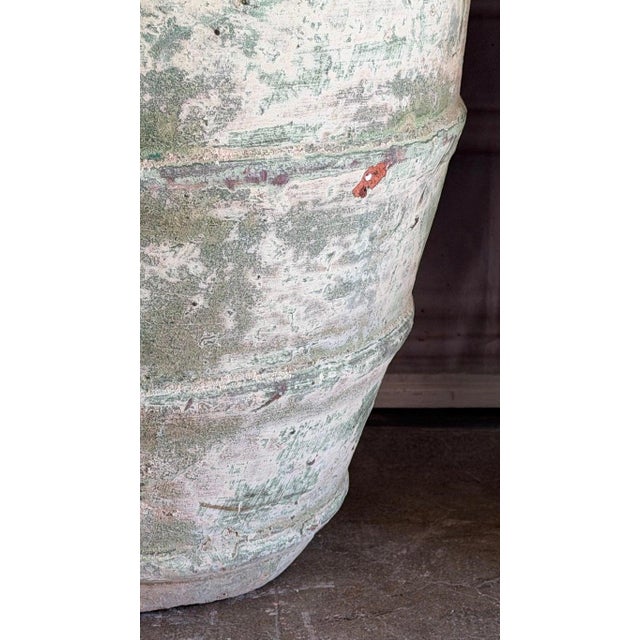 Rustic Pair of Mediterranean Barrel Olive Jars - Heavily Patinated Verdigris Terracota For Sale - Image 3 of 14