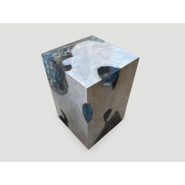 Andrianna Shamaris Aqua Resin and Teak Wood Side Table For Sale - Image 18 of 18