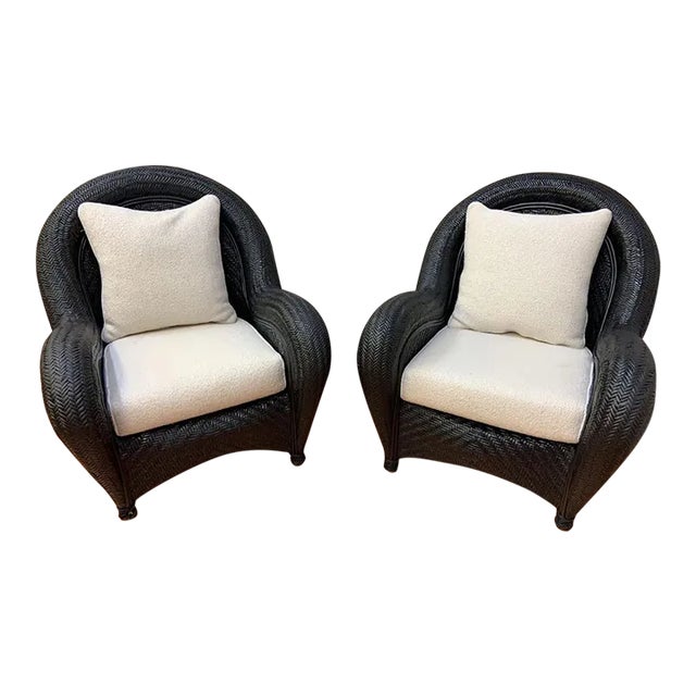 Malabar Woven Wicker Rattan Lounge Chairs W/ Newly Reupholstered Pillows - Set of 2 For Sale