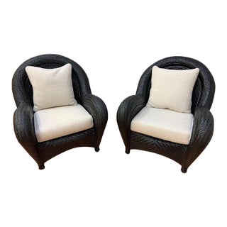 Malabar Woven Wicker Rattan Lounge Chairs W/ Newly Upholstered Pillows - Set of 2 For Sale