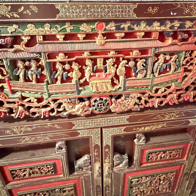 1920s Heavily Carved and Lacquer Decorated Vintage Asian Credenza Cabinet For Sale - Image 4 of 8