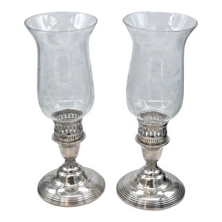 Vintage International Sterling Candle Holders With Glass Hurricanes - a Pair For Sale