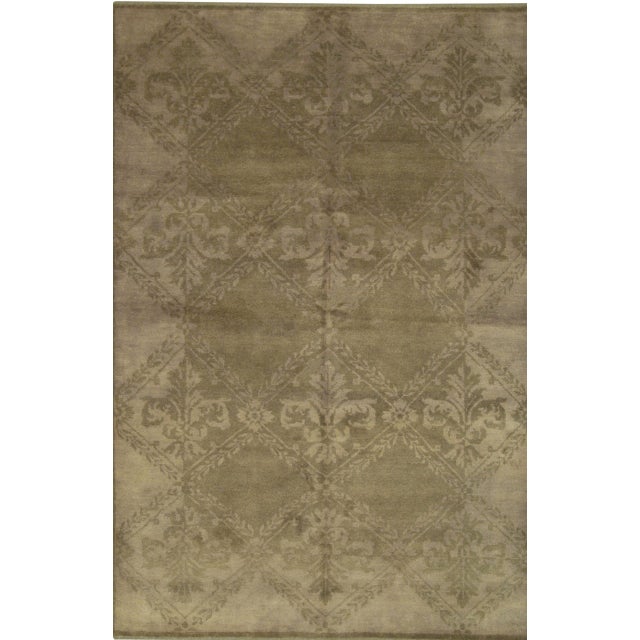 Modern 6x9 Trara Bespoke Beige Damask Contemporary Hand Knotted Wool Carpet Rug For Sale - Image 3 of 4
