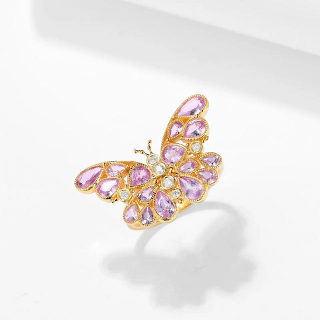 Nina Zhou Butterfly Pink Sapphire Diamond Cocktail Ring in 14k Yellow Gold, size 7.5 For Sale - Image 11 of 11